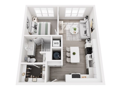 Floor plan layout of 628 sf one-bedroom apartment.